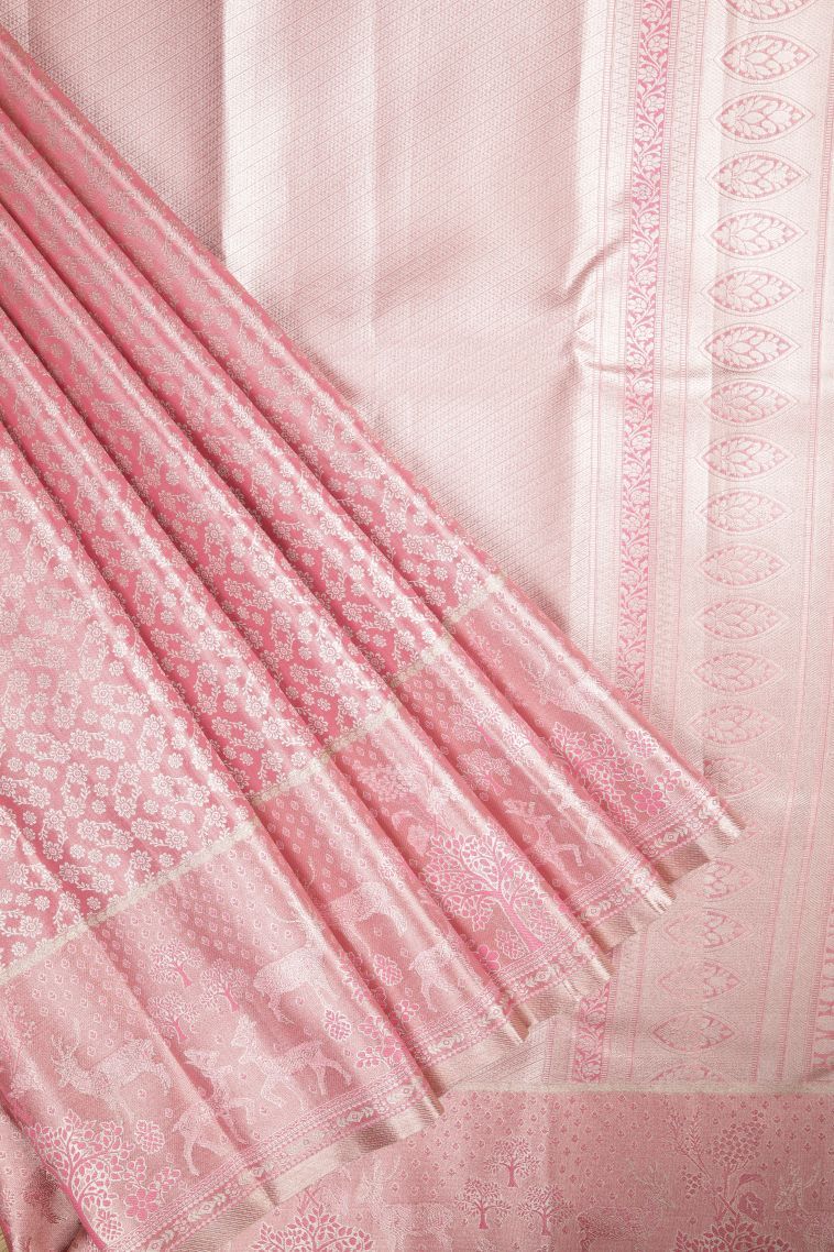 Rose Pink Tissue Silk Sarees with Silver Zari Floral Patterns view 1