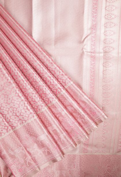 Rose Pink Tissue Silk Sarees with Silver Zari Floral Patterns