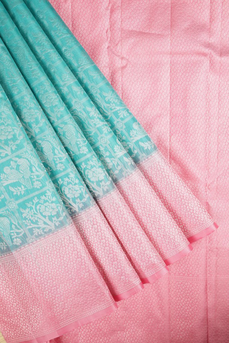 Arctic Blue Soft Silk Saree with Silver Zari Floral Patterns view 1