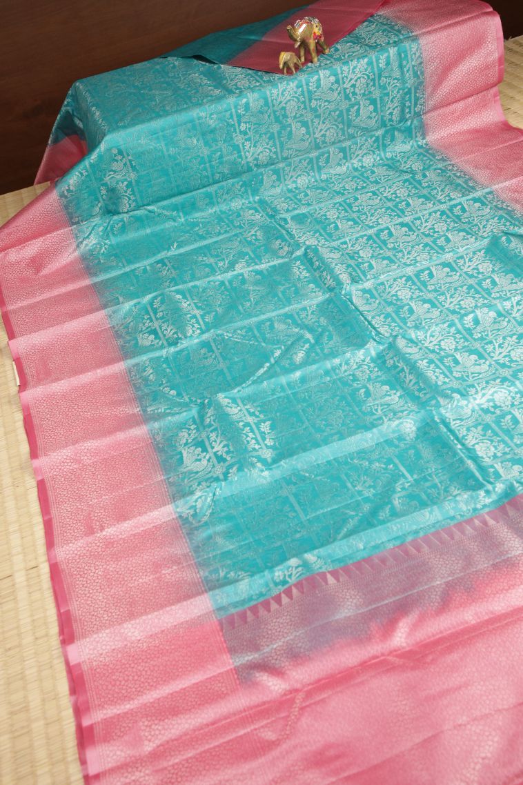Arctic Blue Soft Silk Saree with Silver Zari Floral Patterns view 2