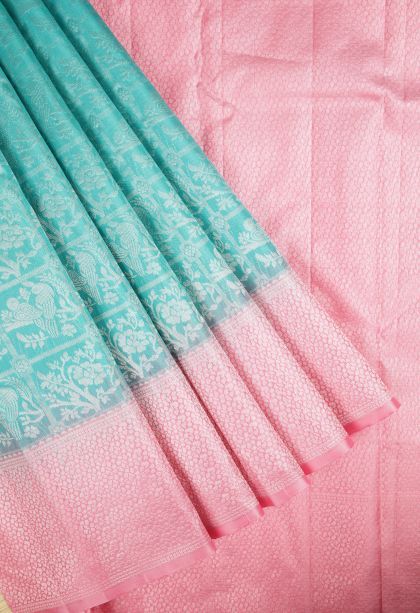 Arctic Blue Soft Silk Saree with Silver Zari Floral Patterns