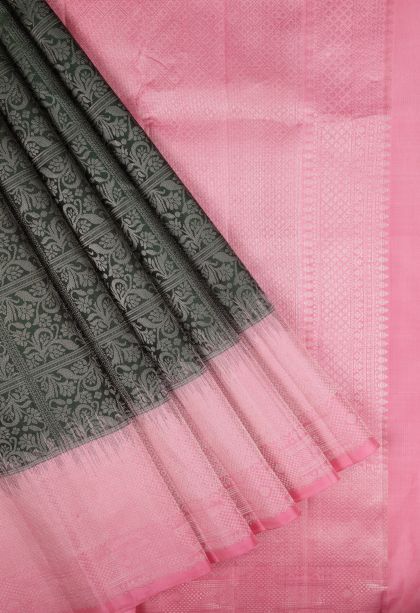 Bottle Green Soft Silk Saree with Silver Zari Floral Patterns