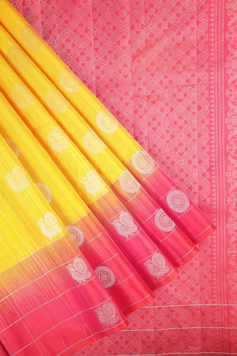 Lemon Yellow Soft Silk Saree with Silver Zari Stripes view 1