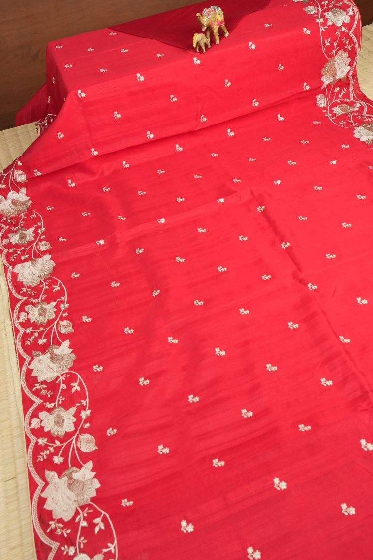 Rose  Red Tussar Saree with Without Zari Zari Buttis (small Dots Or Motifs) view 2