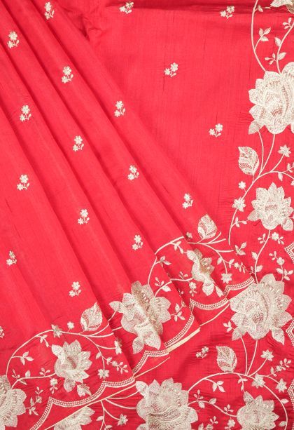 Rose  Red Tussar Saree with Without Zari Zari Buttis (small Dots Or Motifs)