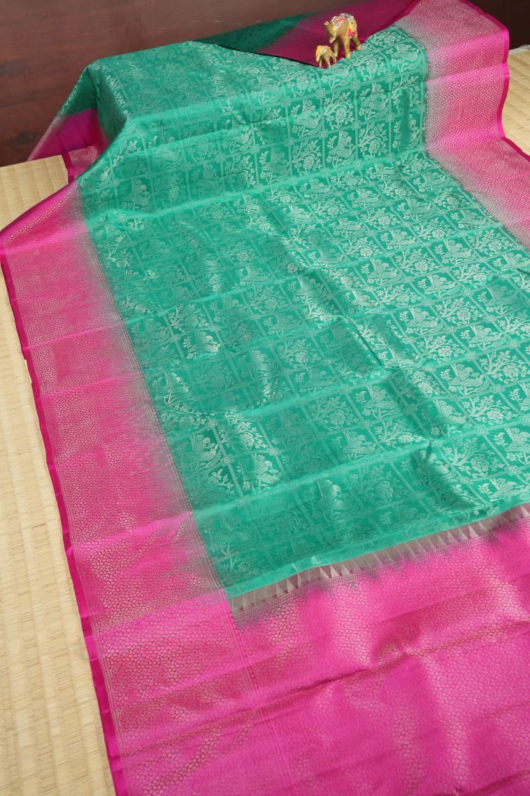 Cerulean Blue Soft Silk Saree with Silver Zari Floral Patterns view 2