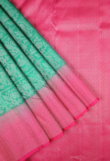 Cerulean Blue Soft Silk Saree with Silver Zari Floral Patterns