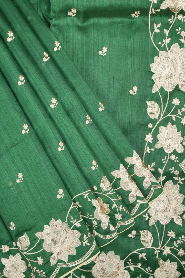 Basil Green Tussar Saree with Without Zari Zari Buttis (small Dots Or Motifs) view 1