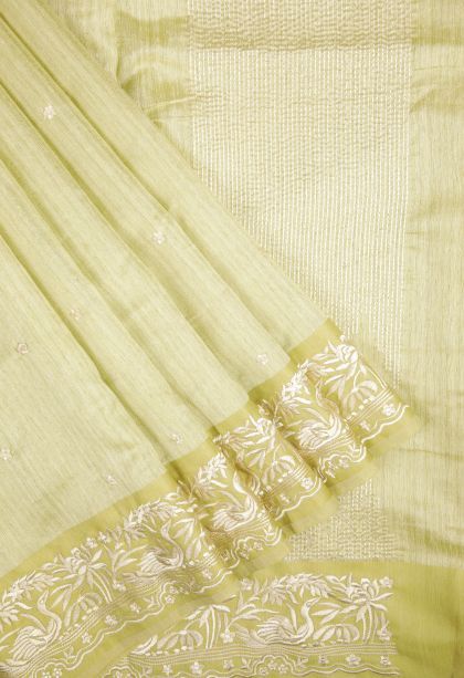 Lime Green Tussar Saree with Without Zari Zari Buttis (small Dots Or Motifs)