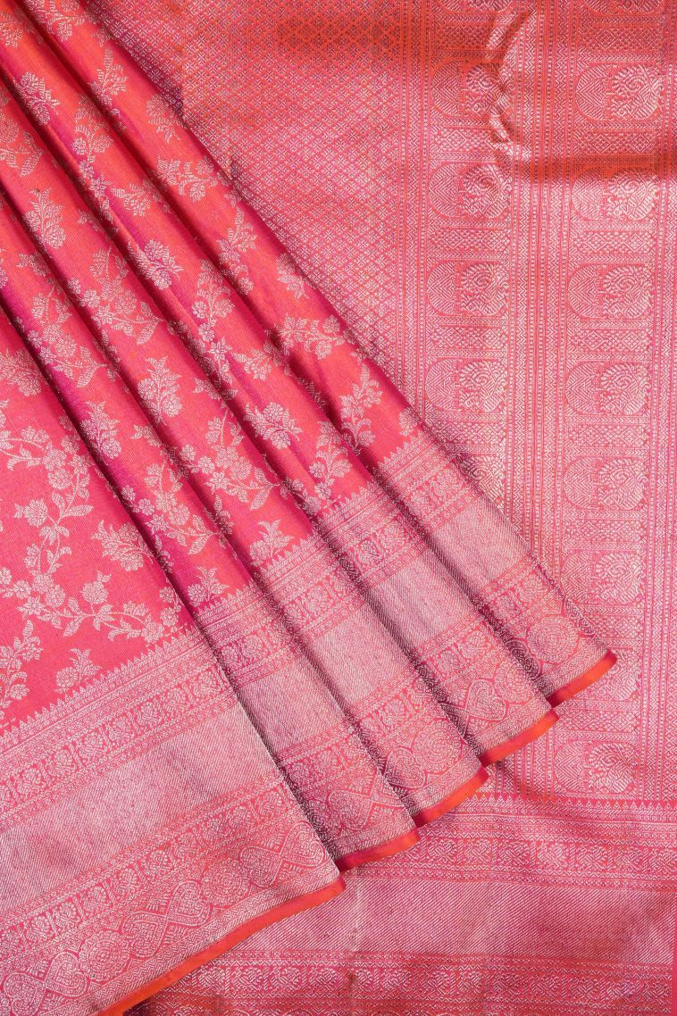 Peach Pink Kanchipuram Silk Sarees with Gold Zari Floral Patterns view 1