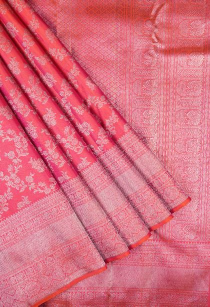 Peach Pink Kanchipuram Silk Sarees with Gold Zari Floral Patterns