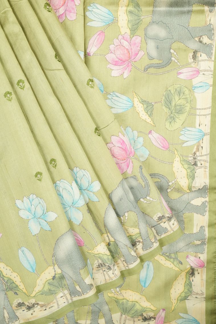 Olive Green Tussar Saree with Without Zari Zari Buttis (small Dots Or Motifs) view 1