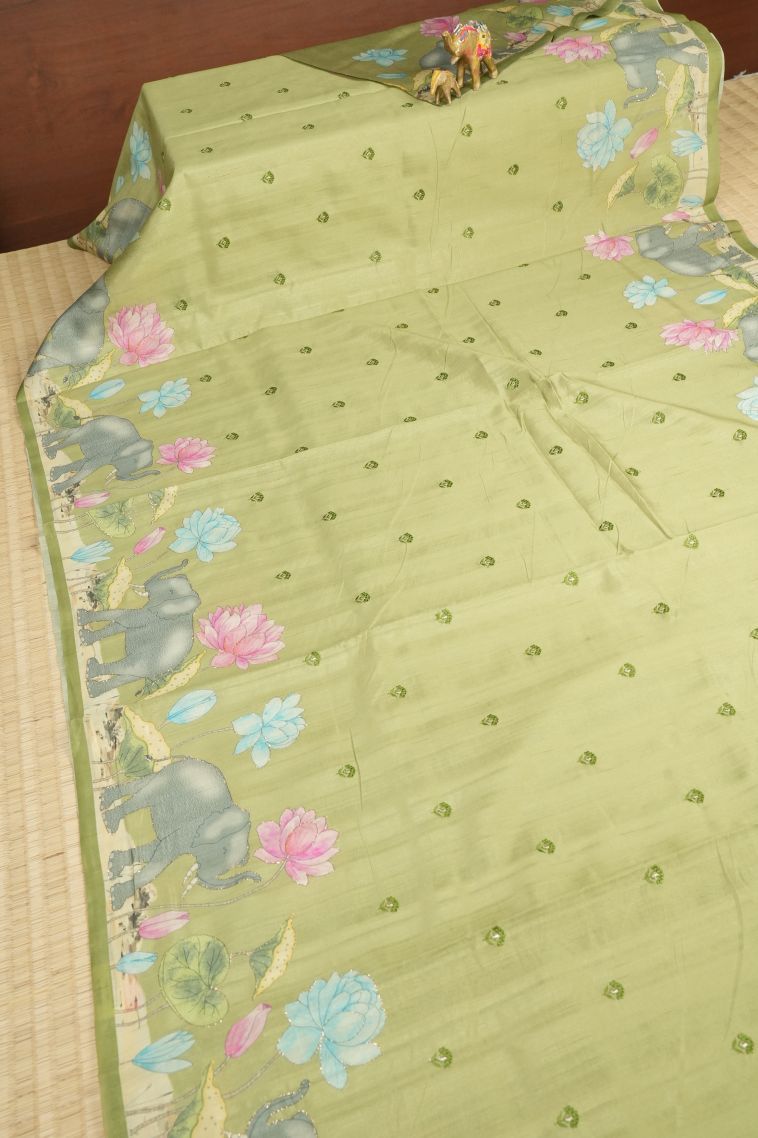 Olive Green Tussar Saree with Without Zari Zari Buttis (small Dots Or Motifs) view 2