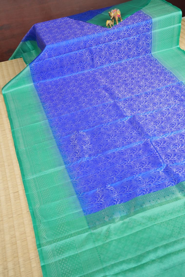 Cobalt Blue Soft Silk Saree with Silver Zari Floral Patterns view 2