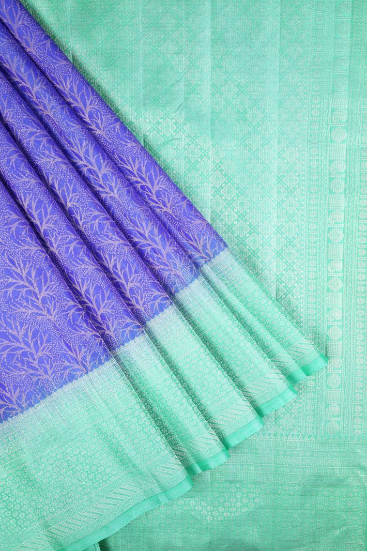 Cobalt Blue Soft Silk Saree with Silver Zari Floral Patterns view 1