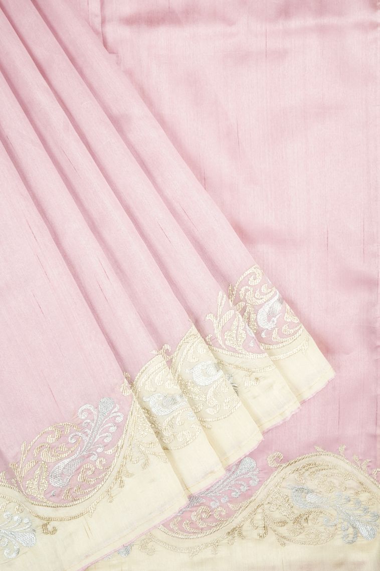 Crepe Pink Tussar Saree with Without Zari Zari Plain view 1