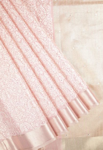 Crepe Pink Organza Saree with Without Zari Zari Floral Patterns