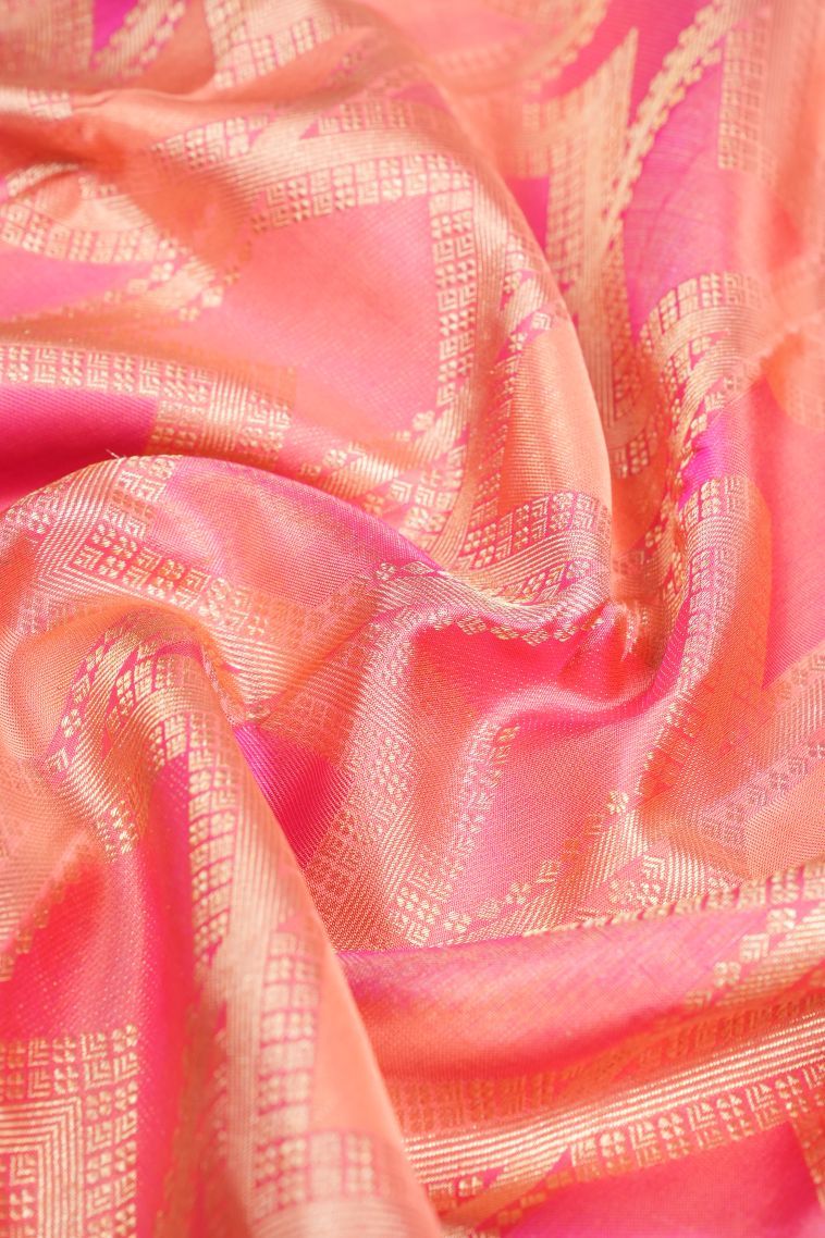 Lemonade Pink Kanchipuram Silk Sarees with Gold Zari Geometric Shapes view 4