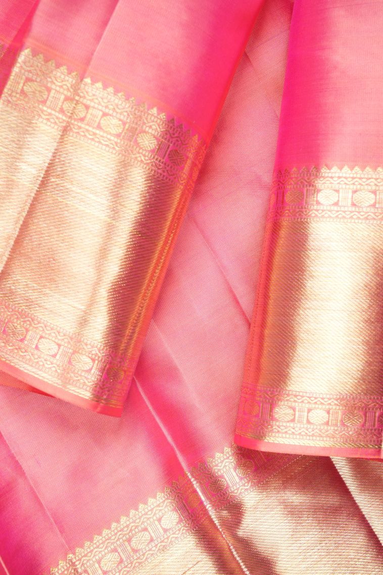 Lemonade Pink Kanchipuram Silk Sarees with Gold Zari Geometric Shapes view 3