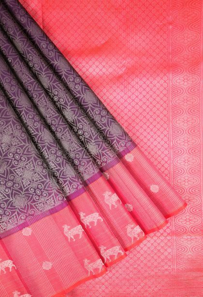 Bosenberry Purple Soft Silk Saree with Silver Zari Floral Patterns