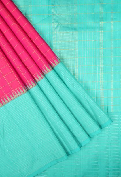 Hot Pink Kanchipuram Silk Sarees with Gold Zari Checks