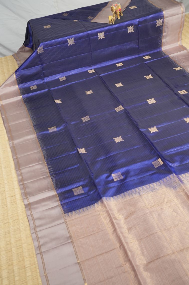Lapis Blue Soft Silk Saree with Gold Zari Stripes view 2
