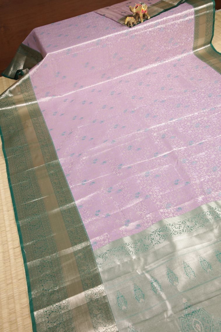 Lavender Purple Tissue Silk Sarees with Silver Zari Floral Patterns view 2