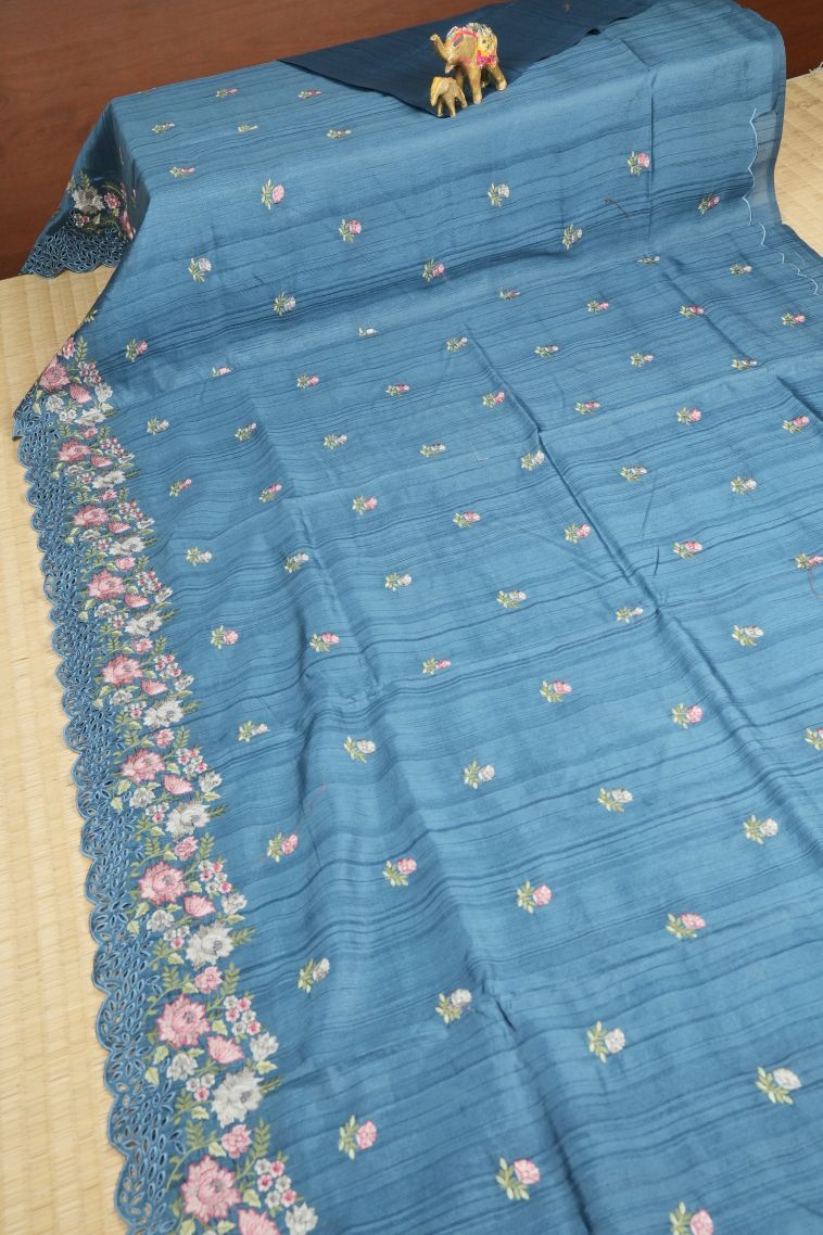 Cerulean Blue Tussar Saree with Without Zari Zari Buttis (small Dots Or Motifs) view 2