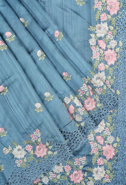 Cerulean Blue Tussar Saree with Without Zari Zari Buttis (small Dots Or Motifs)