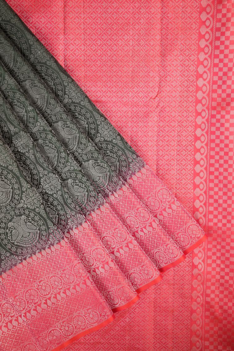 Bottle Green Soft Silk Saree with Silver Zari Floral Patterns view 1