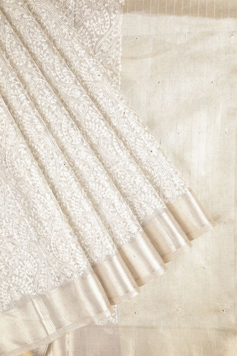 Smoke White Organza Saree with Without Zari Zari Floral Patterns view 1