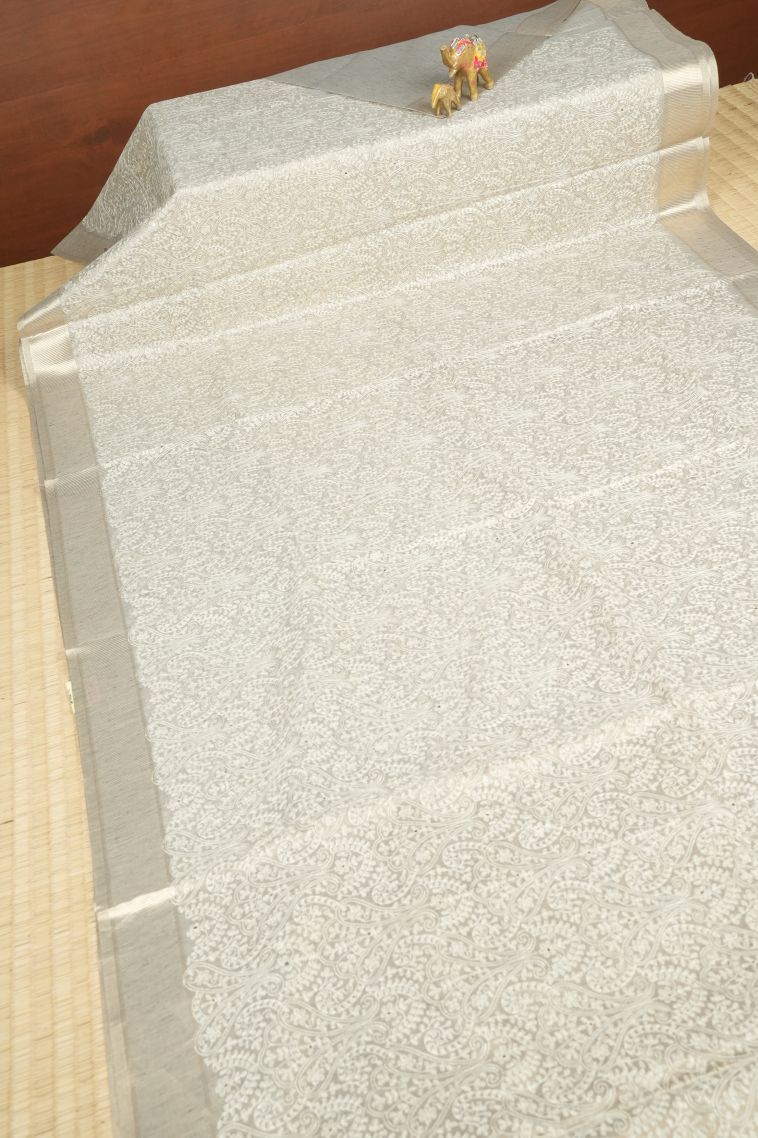 Smoke White Organza Saree with Without Zari Zari Floral Patterns view 2