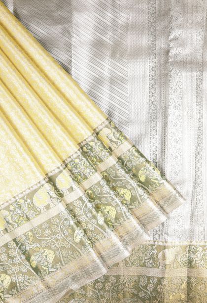 Lemon Yellow Tissue Silk Sarees with Silver Zari Floral Patterns