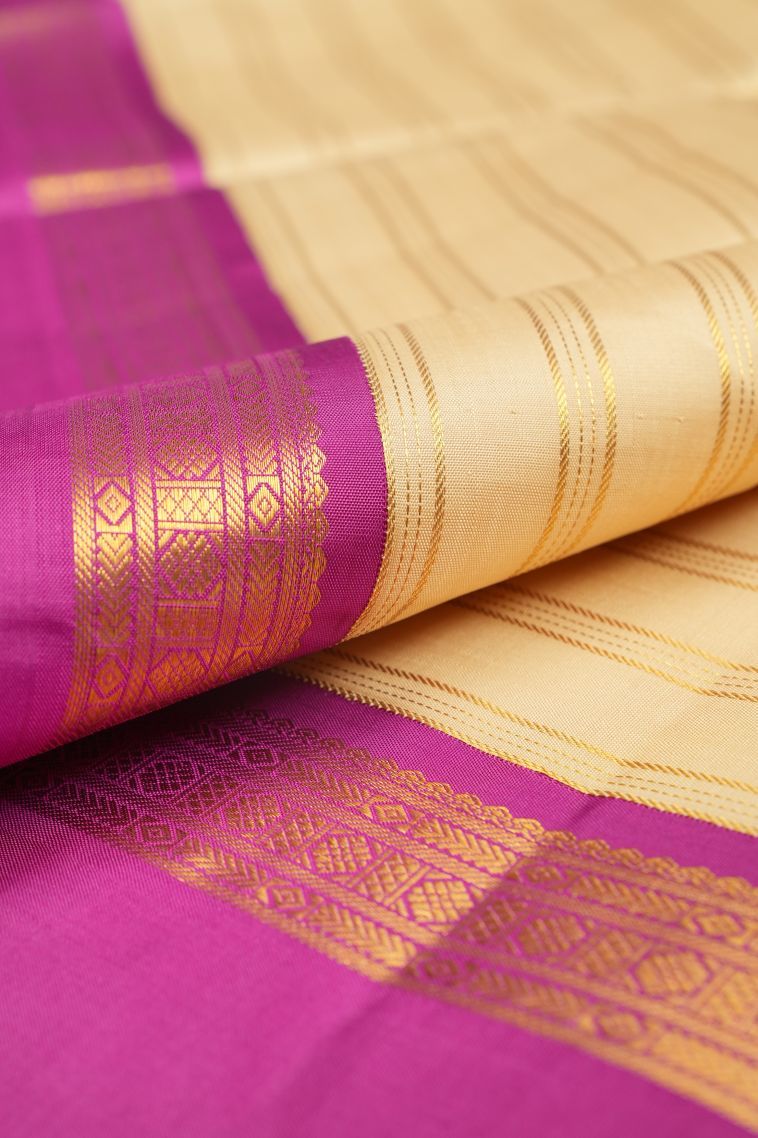 Cream White Kanchipuram Silk Sarees with Gold Zari Stripes view 4