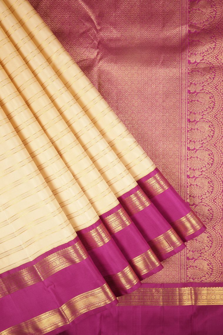 Cream White Kanchipuram Silk Sarees with Gold Zari Stripes view 1