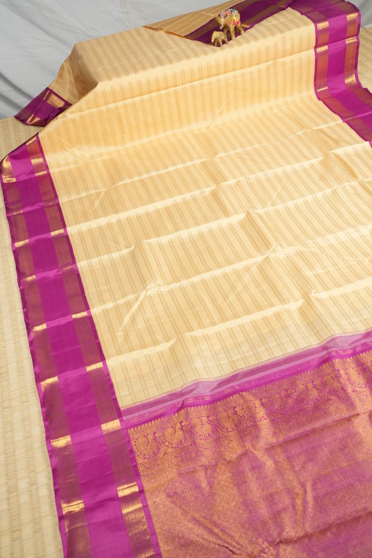 Cream White Kanchipuram Silk Sarees with Gold Zari Stripes view 2