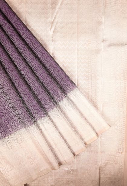 Jam Purple Soft Silk Saree with Silver Zari Floral Patterns