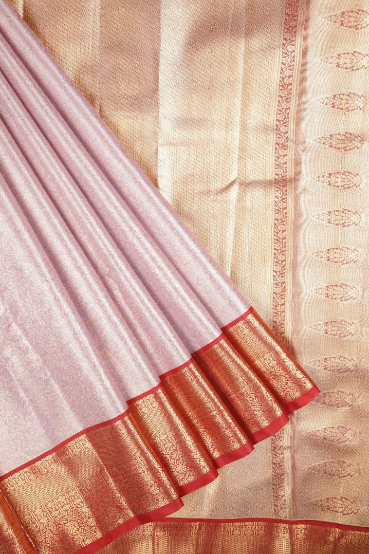 Lavender Purple Tissue Silk Sarees with Silver Zari Floral Patterns view 1