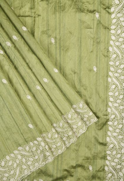 Moccon Green Tussar Saree with Without Zari Zari Buttis (small Dots Or Motifs)