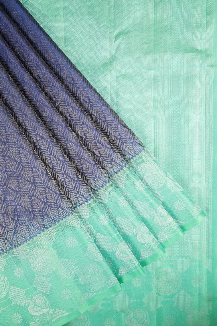 Azure Blue Soft Silk Saree with Silver Zari Floral Patterns view 1