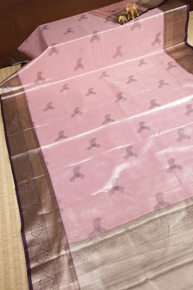 Ballet Pink Tissue Silk Sarees with Silver Zari Floral Patterns view 2