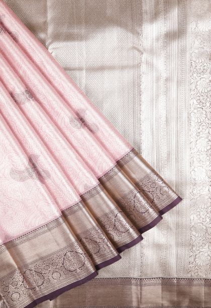 Ballet Pink Tissue Silk Sarees with Silver Zari Floral Patterns