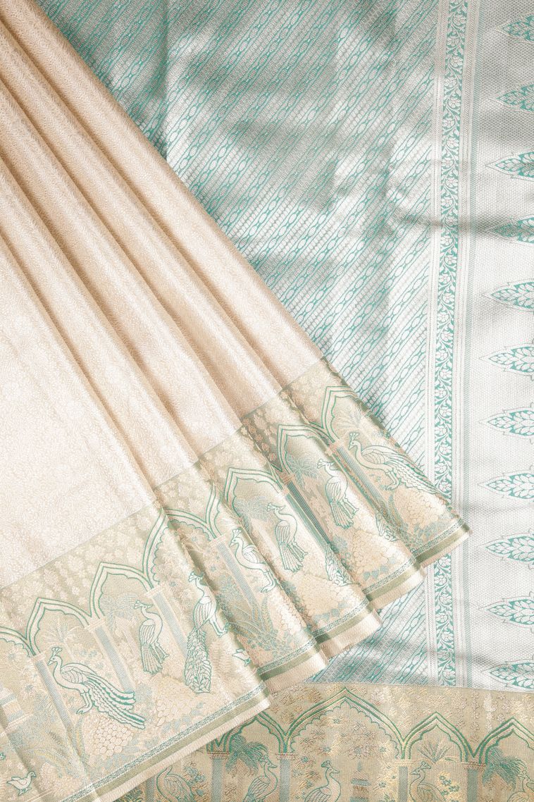 Gold Tissue Silk Sarees with Silver Zari Floral Patterns view 1