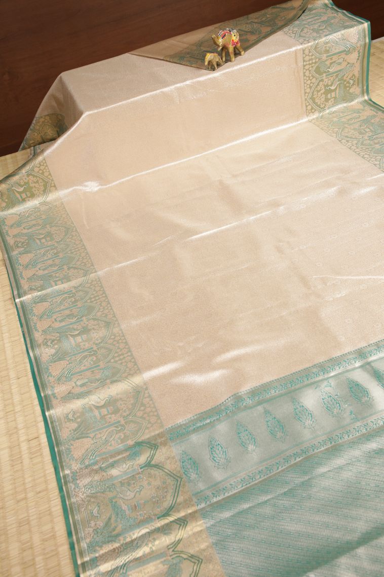 Gold Tissue Silk Sarees with Silver Zari Floral Patterns view 2