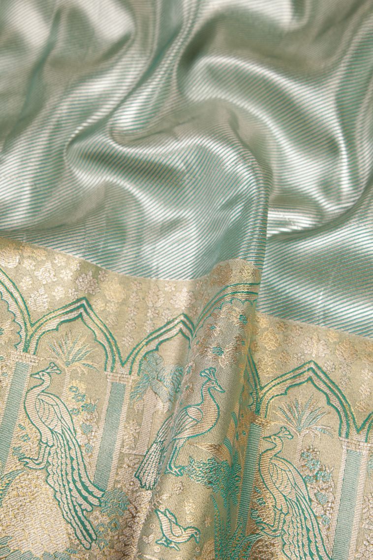 Gold Tissue Silk Sarees with Silver Zari Floral Patterns view 3