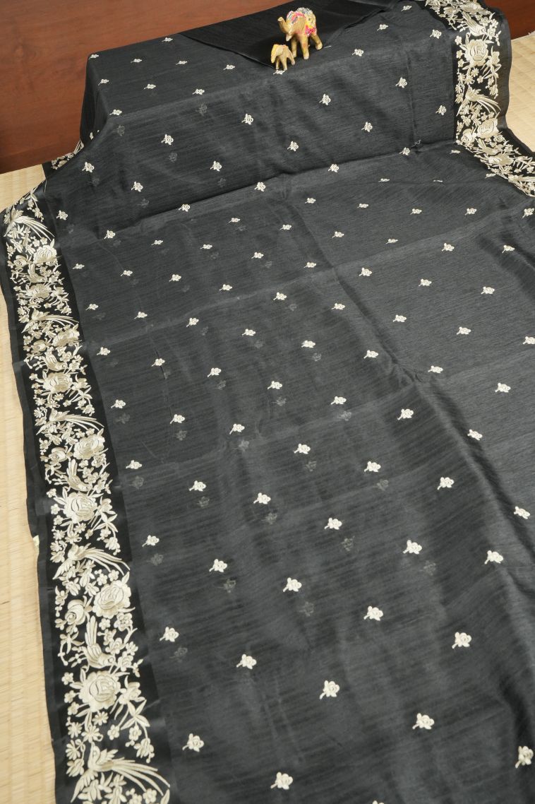 Asphalt Black Tussar Saree with Without Zari Zari Buttis (small Dots Or Motifs) view 2