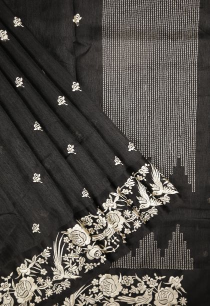 Asphalt Black Tussar Saree with Without Zari Zari Buttis (small Dots Or Motifs)
