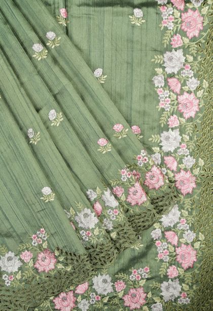 Emerald Green Tussar Saree with Without Zari Zari Buttis (small Dots Or Motifs)