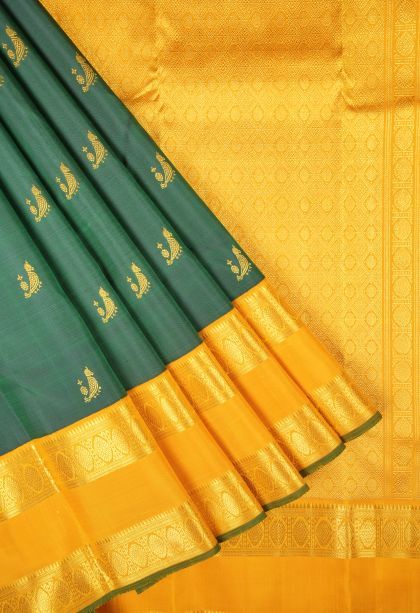 Basil Green Kanchipuram Silk Sarees with Gold Zari Buttis (small Dots Or Motifs)