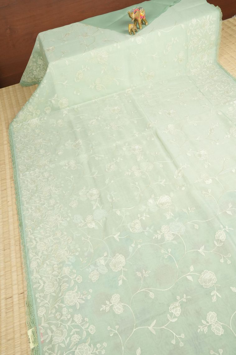 Mint Green Organza Saree with Without Zari Zari Floral Patterns view 2